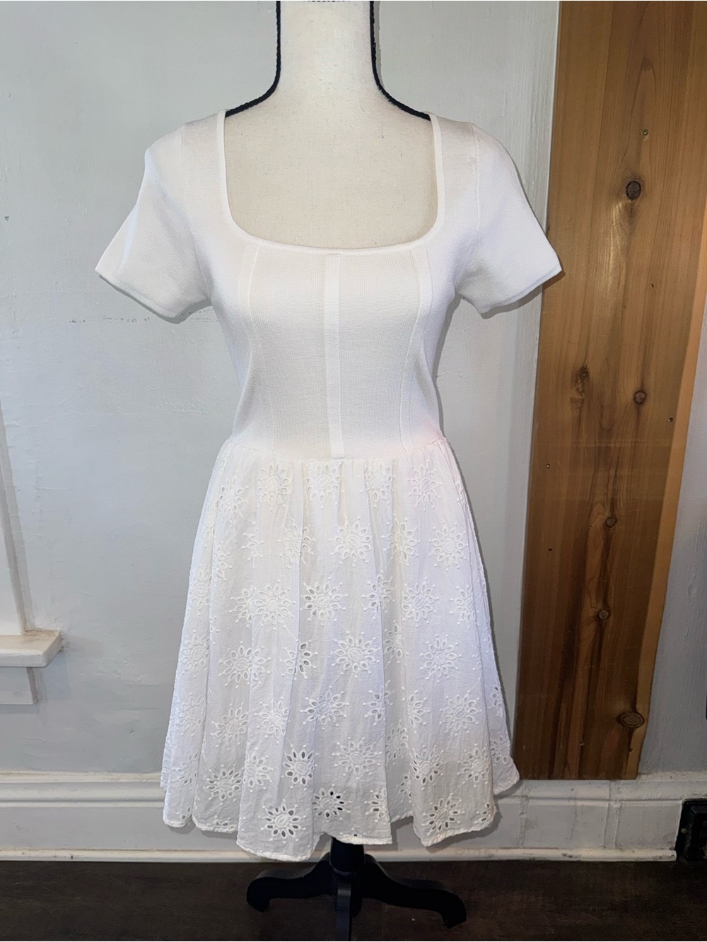 White Square-Neck Short Sleeve Dress with Eyelet Skirt